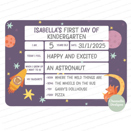 First Day of School Acrylic Photo Board full colour printed Purple Astronaut Design - Chamelle Designs